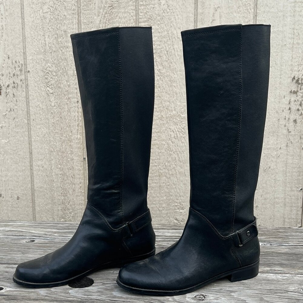 Stuart Weitzman Knee High Black Leather Block Heel Boots Stretch Back Size 9